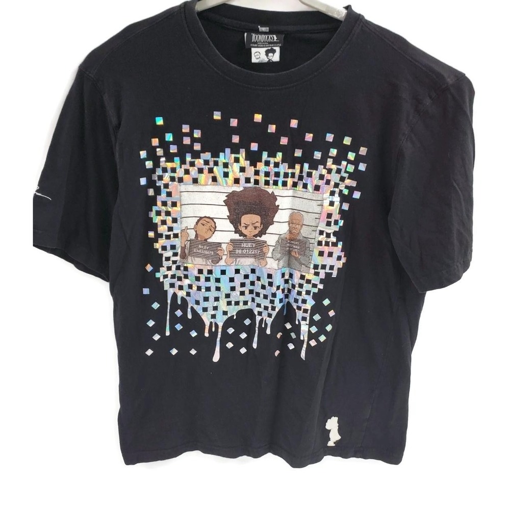 Boondocks Shirt Mens XL Black Holographic Mugshot‎ Tee Riley Huey Robert Urban